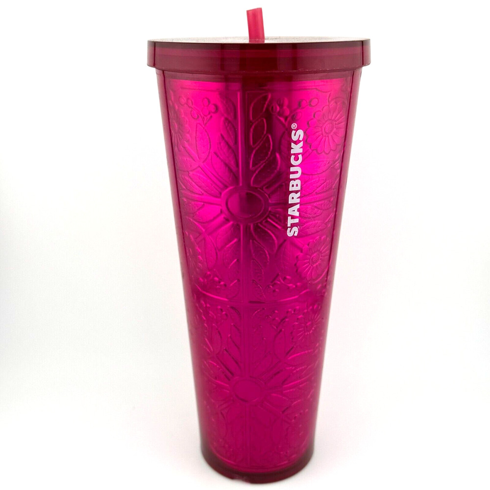 Starbucks 2017 Pink Magenta Floral Metallic Embossed Foil 24oz Tumbler #11070153